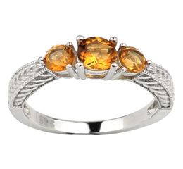 Citrine jaune naturel 925 Anneau en argent sterling Femmes Round Shape 3 Crystal Crystal novembre Gift Stone R158GCN8914281