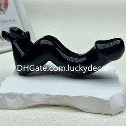 Natuur Zwart Obsidiaan Vrouwelijk Model Penis Sculptuur Kunst Edelsteen Fallus Carving Creatief Gebogen Vulkanisch Glas Rock Quartz Crystal Massage Wand Gepersonaliseerde Gift