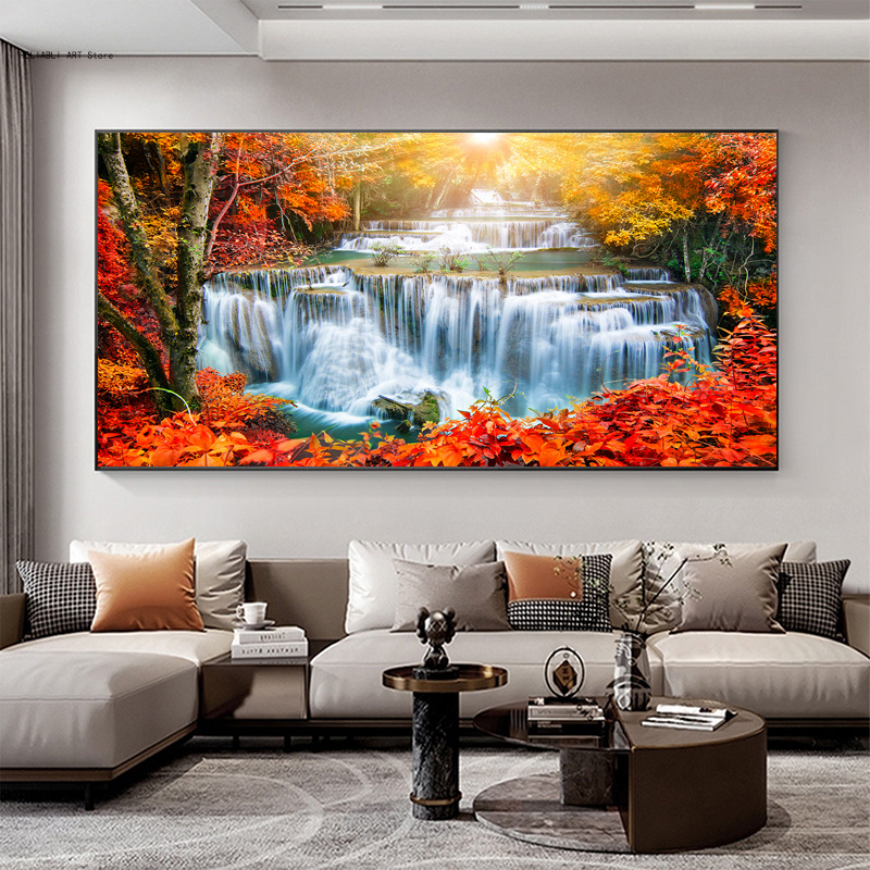 ネイチャーキャンバス滝の風景ポスター、リビングルームの装飾のためのモダンホームデコレーションウォールアートプリント画像