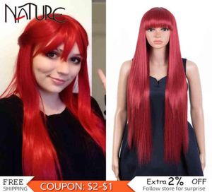 Nature Long Natural Straight Cosplay Fire Red Wigs with Bangs Party Lolita Hather Res résistant à la chaleur Perruque synthétique pour femmes 22062259452559943181