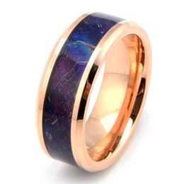 Natuur Mens Womens 8mm Rose Gold Tungsten Carbide Wedding Ring Inlay Paars en Blauw Box Elder Wood Comfort Fit Maat 7-11 Inclusief 256o