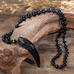 Colliers avec pendentif en forme de dent de loup en obsidienne naturelle, colliers porte-bonheur en corde perlée, amulettes en obsidienne noire, bijoux