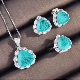 Natuur Paraiba Toermalijn Sieraden set 925 Sterling Zilver Promise Party Trouwringen Oorbellen Ketting Voor Vrouwen Bruidssieraden