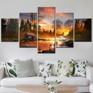 Nature River Deer Sunset Disintery Wall Art Canvas Set modular paisaje de pintura de paisaje Imagen para decoración de la sala de estar Publicaciones de pared 240415