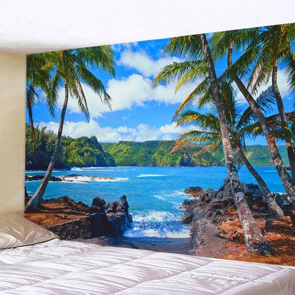 Naturaleza Landscape Sea Tapestry Seaside Coconut Tree Wall Hanging Art Decorative Tapestry Beach Decoración del hogar Techo de fondo 240321