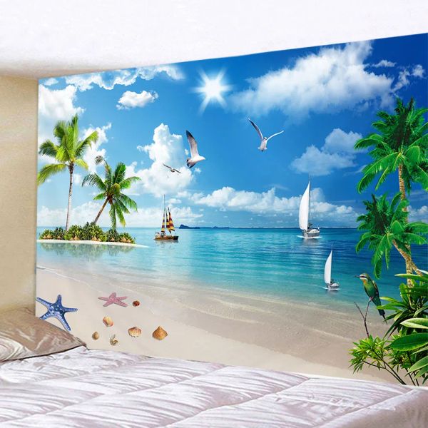 Naturaleza Landscape Sea Tapestry Seaside Coconut Árbol Posado Arte decorativo Tapiz de playa Decoración del hogar