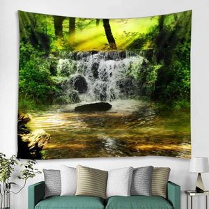 Natuur Tapestries Mooie bos Waterval Tapestry Landschap Wandhangruimte Decor Decor Beach Picnic Tapijt Home Decor Background Fabric R0411