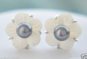 Naturel 6 - 7 mm noir perles d'eau douce Shell fleur 925 Sterling boucles d'oreilles en argent