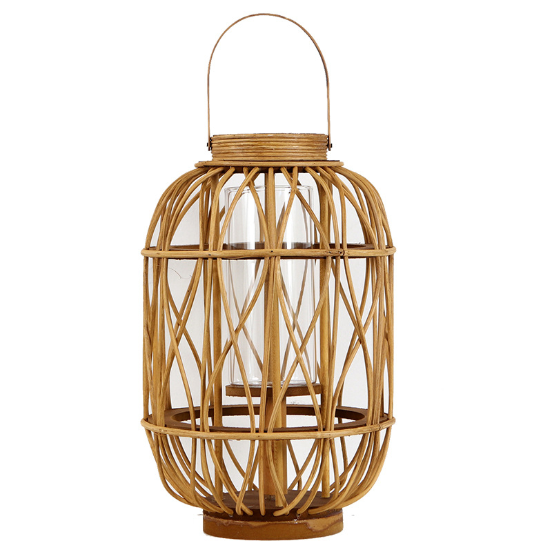 Naturn Woven Rattan Candle Holder Lantern with Glass Cylinder Traditional Chinese Hurricane Lamp Creative Home Decor Handicraft Gifts