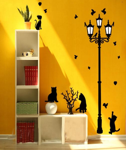 Vilains chats noirs oiseaux et lampe de réverbère Vintage bricolage Stickers muraux décoration de la maison salon chambre d'enfants autocollant mural 1127098