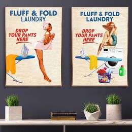 Ondeugende wasserette pluisvouw posters canvas print vintage sexy vrouw muur kunst foto's badkamer toilet home decor schilderij cuadros