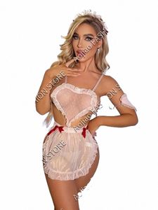 ondeugende meid rollenspel kostuum hartpatroon mesh bodysuit met bandjes ruche april haarband dames sexy lingerie ondergoed k1sp #