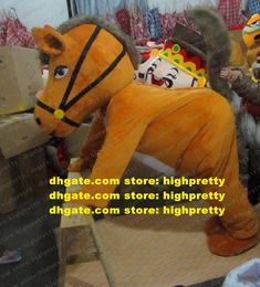 Naughty mascotte kostuum geelachtig bruine paardenpony ros courser muilezel hinny stripfiguur volwassen grijs long bont haaarhaar zz978