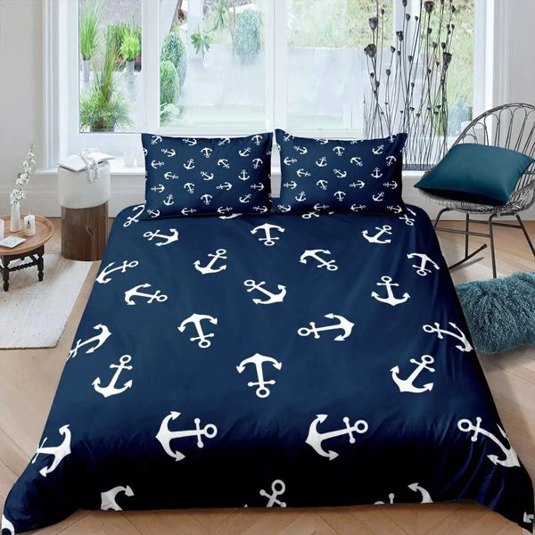 Ensemble de literie nautique décor ancre océan housse de couette marin Pirate capitaine aventure en mer couvre-lit pour enfants garçons bleu marine 240131