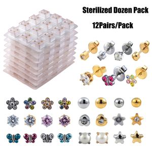 Navel Bell Button Ringen 12pairs Gesteriliseerd Dozen Pack Goud Zilver Kleur Oor Kraakbeen Tragus Piercing Oorknopjes Gemengde Kleuren Vorm Ster Hart Parel 230703