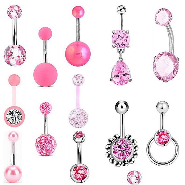 Ombligo Bell Button Anillos 12 Unids / set Piercing Para Mujeres Pink Crystal Ball Bar Acero Quirúrgico Verano Playa Moda Cuerpo Joyería Drop De Dhlgo