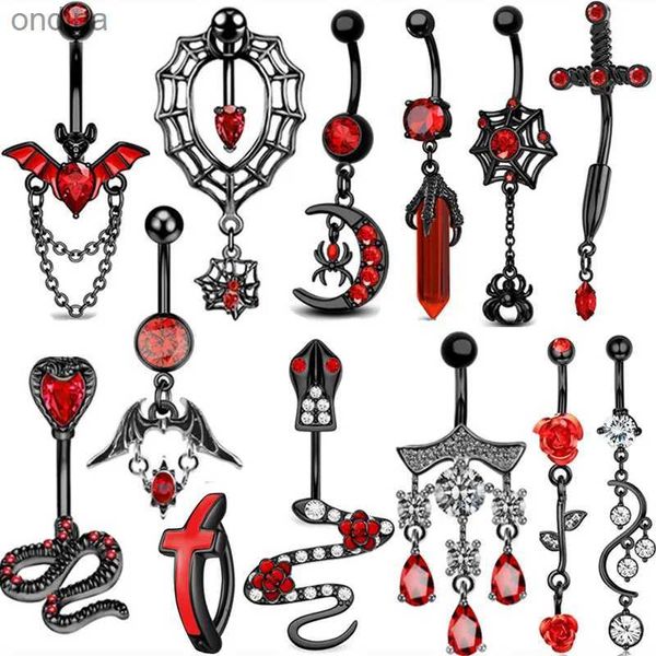 Anillos de botón de campana para ombligo 1 pieza rojo negro murciélago ombligo anillo de acero quirúrgico cruz ombligo piercing cuelga serpiente ombligo joyería mujeres piercing ombligo YQ240125