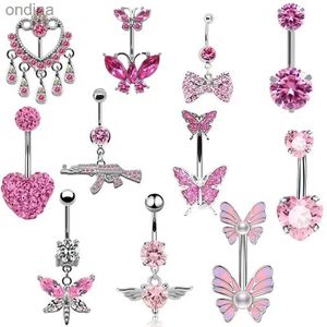 Nombril Bell Button Rings 1 pièces 14G en acier inoxydable papillon nombril anneaux femmes mode nombril anneau Piercing corps Piercings bijoux rose YQ240125