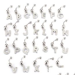 Navel Bell -knop Ringen 26 Letter A tot M Style Charmant Body Piercing Crystal Rhinestone ingelegde navel navel navel ring roestvrij staill