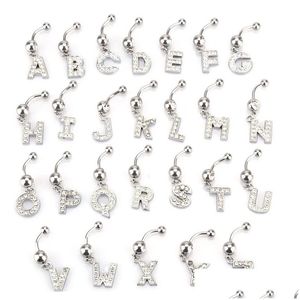 Navel Bell Button Rings 26 Letter A tot M Charming Body Piercing Crystal Rhinestone Inlay Belly Ring Stainless Steel Jewelry Drop D Dhc4L
