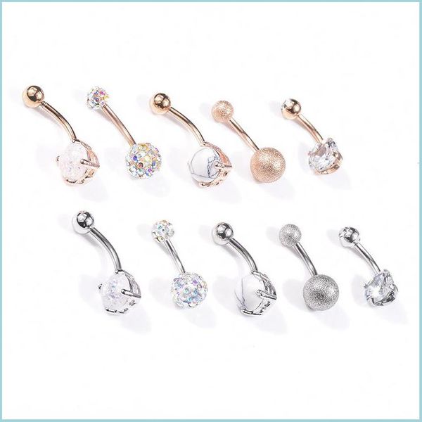 Anillos de botón de campana de ombligo 5 piezas Sexy 316L Barra de acero quirúrgico Anillos de ombligo Mujeres Bola de cristal Niñas Piercing de ombligo Pendiente de barra Dh5Qi