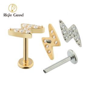 Nombril Cloche Bouton Anneaux 5pcslot Droite Grand ASTM 36 CZ Lightning Bolt Top Dos Plat Labret Monroe Lèvre Cartilage Helix Oreille Lobe Stud Piercing 230628