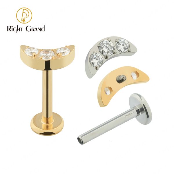 Anillos del botón de campana del ombligo 5pcslot Right Grand ASTM 36 16G CZ Crescent Moon Top Parte posterior plana Labret Monroe Labio Cartílago Helix Tragus Conch Ear 230628