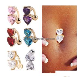 Anillos de botón de campana del ombligo 6 colores Barra de cristal inversa Anillo del vientre Piercing del cuerpo de oro Dos corazones Pierce Joyería Entrega de gota Dhgarden Dha4R