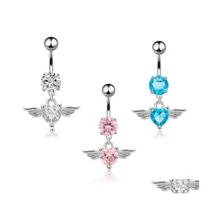 Navel Bell Button Rings Angel Wings Heart Ring Zirkon Sexy Long Belly Piercing Chirurgische vrouwen Sieraden Drop levering Body OTEIM