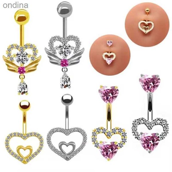 Anillos de botón de campana de ombligo Anillo de ombligo para mujer Ala de circón rosa de moda Diseño de gato lindo Anillos de ombligo de moda sexy Joyería de perforación de acero inoxidable YQ240125