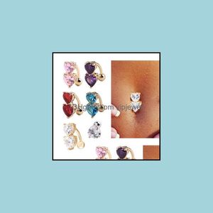 Navel Bell -knop Ringen Body sieraden 6 kleuren omgekeerd kristallen staaf buikring goud piercing twee hart pierce K2682 drop levering 2021 932RU