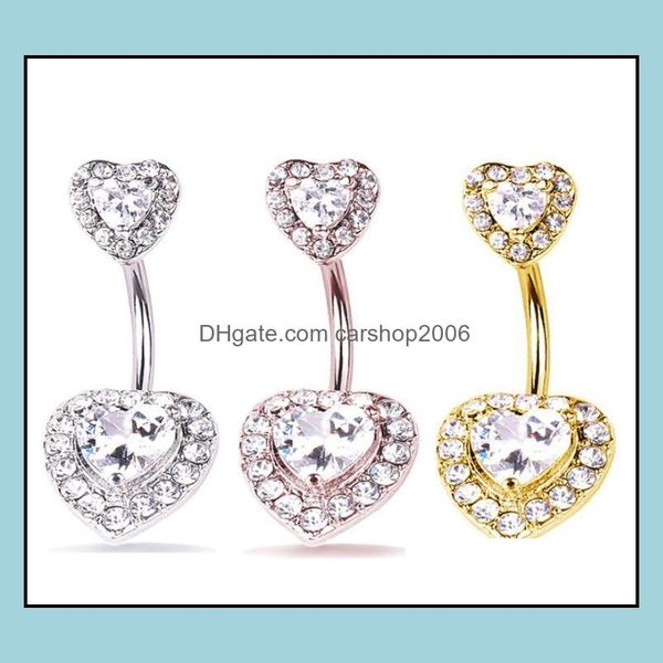 Ombligo Campana Anillos Joyería del cuerpo Sexy 316L Acero quirúrgico Mujeres Doble gema En forma de corazón Barra del vientre Anillo Piercing Barras Venta al por mayor Drop De