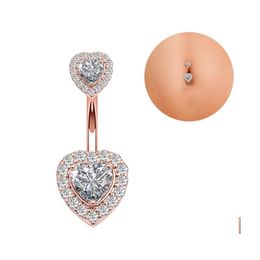 Nombril Cloche Bouton Anneaux Bijoux De Corps Une Pièce En Acier Inoxydable Anneau De Ventre Diamant Zircon Double Coeur Or Rose Sexy Femmes Fille Dhpfm