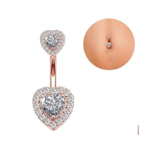 Nombril Cloche Bouton Anneaux Bijoux De Corps Une Pièce En Acier Inoxydable Anneau De Ventre Diamant Zircon Double Coeur Or Rose Sexy Femmes Fille Dhpfm