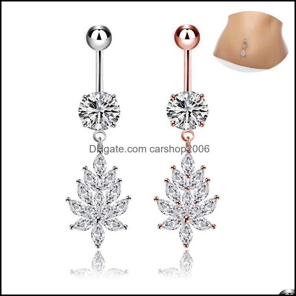 Anillos de botón de campana para el ombligo Joyas para el cuerpo Anillo colgante para el vientre de acero inoxidable Hoja Diseño simple Rhinestone Piercing Moda Venta al por mayor 0870Wh Dro