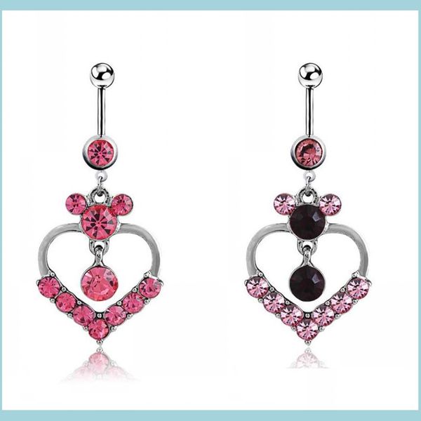 Anillos de botón de campana de ombligo Piercing del cuerpo Anillos de ombligo de moda Barras de acero quirúrgico Cuelga 2 Estilo Rhinestone Corazón Joya del ombligo Dhvra