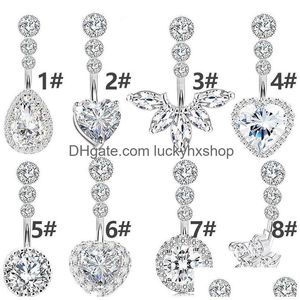 Anillos de botón de campana de ombligo Anillo de vientre de cristal para mujer Piercing Corazón redondo Zircon Stud Barbell Barra de acero inoxidable Sexy Body Jewelr Dhbvb