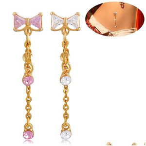 Nombril Cloche Bouton Anneaux Mignon Arc Noeud Cristal Corps Bijoux Piercings En Acier Inoxydable Strass Piercing Long Dangle Pour Les Femmes Gif Dh4Pi