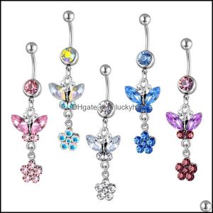 Ombligo Bell Botón Anillos Incrustación de diamante Mticolor Mariposa Flor Punción Joyería Umbilical Nail Medical Steel Dance Belly Ring Acc Dho4J