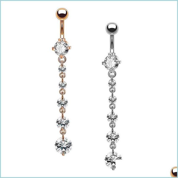 Nombril Cloche Bouton Anneaux De Mode En Acier Inoxydable Zircon Long Dangle Rond Strass Nombril Anneau De Ventre Bouton Bar Barbell Anneaux Pierci Dhzp7