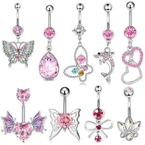 Nombril Bell Button Anneaux pour le corps en acier inoxydable Femmes Dangle Dauphin Papillon Amour Coeur Piercing Ventre Cristal Anneaux Or Argent Couleur