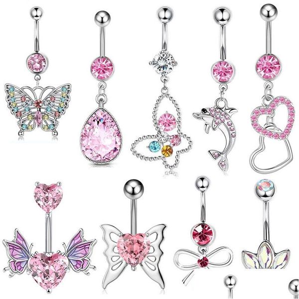 Nombrants Boulons Bounons pour le corps en acier inoxydable Femmes Sonned Dolphin Butterfly Love Heart Piercing Belly Crystal Gold Sier Drop D Dhalg