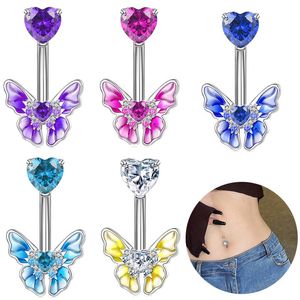 Anneaux de nombril pour femmes en acier inoxydable, Piercing corporel, anneaux en cristal, couleur argent, cœur d'amour papillon