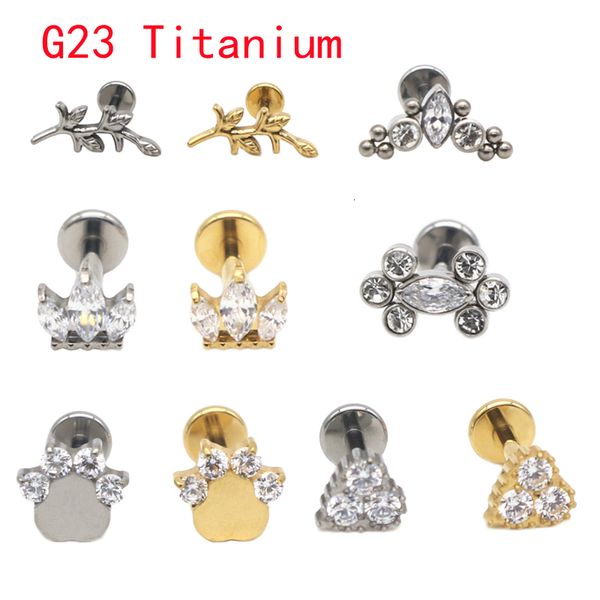 Nombril Bell Button Anneaux G23 Golden Lip Stud Oreille Tragus 16G 8mm Corps Piercing Bijoux Labret Anneau Cartilage Zircon Coeur Couronne Feuille ASTM 36 230628