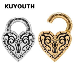 Navel Bell Button Rings KUYOUTH Retro Stainless Steel Heart Lock Magnet Ear Weight Gauges Body Jewelry Earring Piercing Expanders Stretchers 2PCS 230208