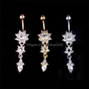 Navel Bell -knop Ringen Nieuwe Indian Dange Belly Bars Button Gold Rings Piercing Crystal Flower Body Sieraden Navel GD333 196 W2 Drop DHJ3N