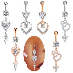 Navel Bell -knop Ringen Piercing voor vrouwen chirurgisch stalen roségoud zilveren kleur bungelende liefde hart hanger Summer Beach Fashion Body sieraden