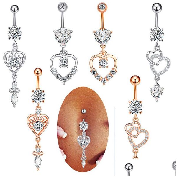 Nombril Cloche Bouton Anneaux Piercing Pour Les Femmes En Acier Chirurgical Or Rose Sier Couleur Dangling Amour Coeur Pendentif Summer Beach Mode Bo Dhqy4