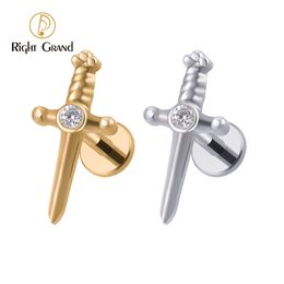 Navel Bell Button Rings Right Grand ASTM F136 16G intern schroefdraad Cute Sword Helix Stud Earring Daith Cartilage Tragus Lobe Dagger Piercing 230717