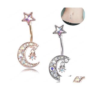 Navel Bell Button Rings Sexy Star Moon Belly Piercing Crystal Steel Woman Body Jewelry Barbell vrouwen accessoires Drop levering Dhxzv